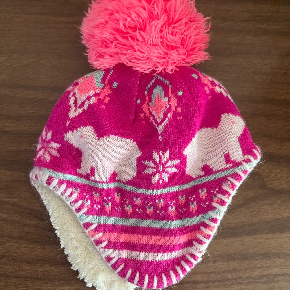 ❤️ 3/$25 The North Face Pink and White Baby Pom Pom Hat 0-6months VGUC